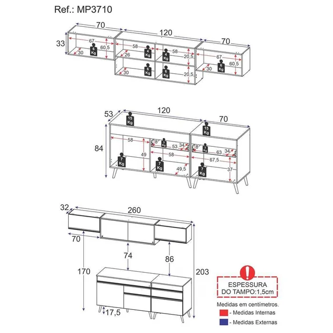 Cozinha Completa 5 Peças com Armário e Balcão Mp3710 Veneza Branco - Preto 4