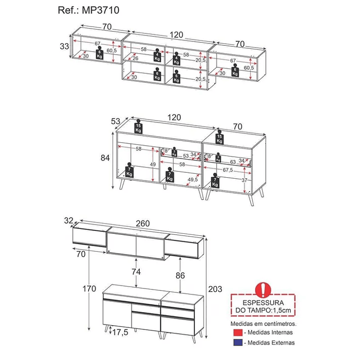 Cozinha Completa 5 Peças com Armário e Balcão Mp3710 Veneza Branco - Preto 4