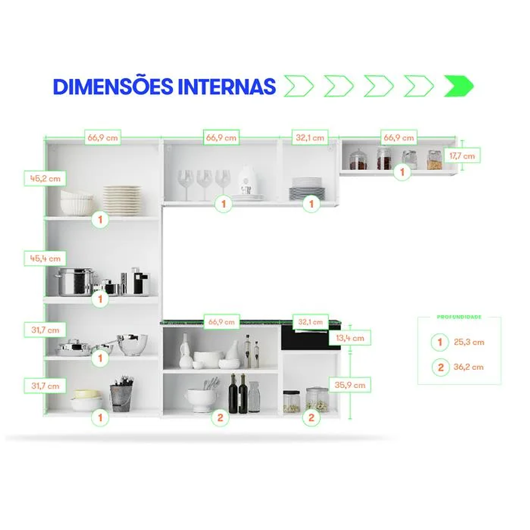 Cozinha de Aço Itatiaia com Armário e Balcão Branca Preta Completa 10 Portas 1 Gaveta 4 Peças Branca Preta 3