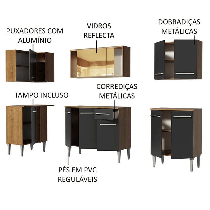 Cozinha Completa de Canto com Balcão e Armário Vidro Reflex Rustic/Preto Cor: Rust Preto 4