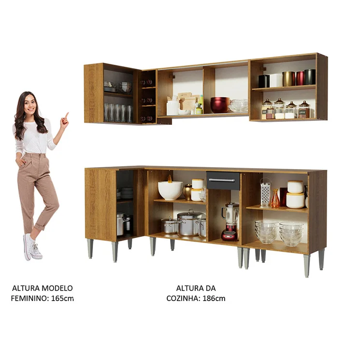 Cozinha Completa de Canto com Balcão e Armário Vidro Reflex Rustic/Preto Cor: Rust Preto 5