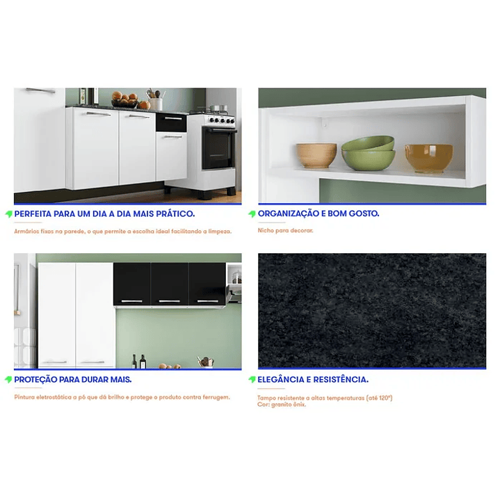 Cozinha de Aço Itatiaia com Armário e Balcão Branca Preta Completa 10 Portas 1 Gaveta 4 Peças Branca Preta 5
