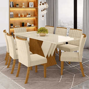Conjunto Sala de Jantar Mesa Tampo MDF e Vidro 8 Cadeiras Itália Nature/Off White/Bege Claro