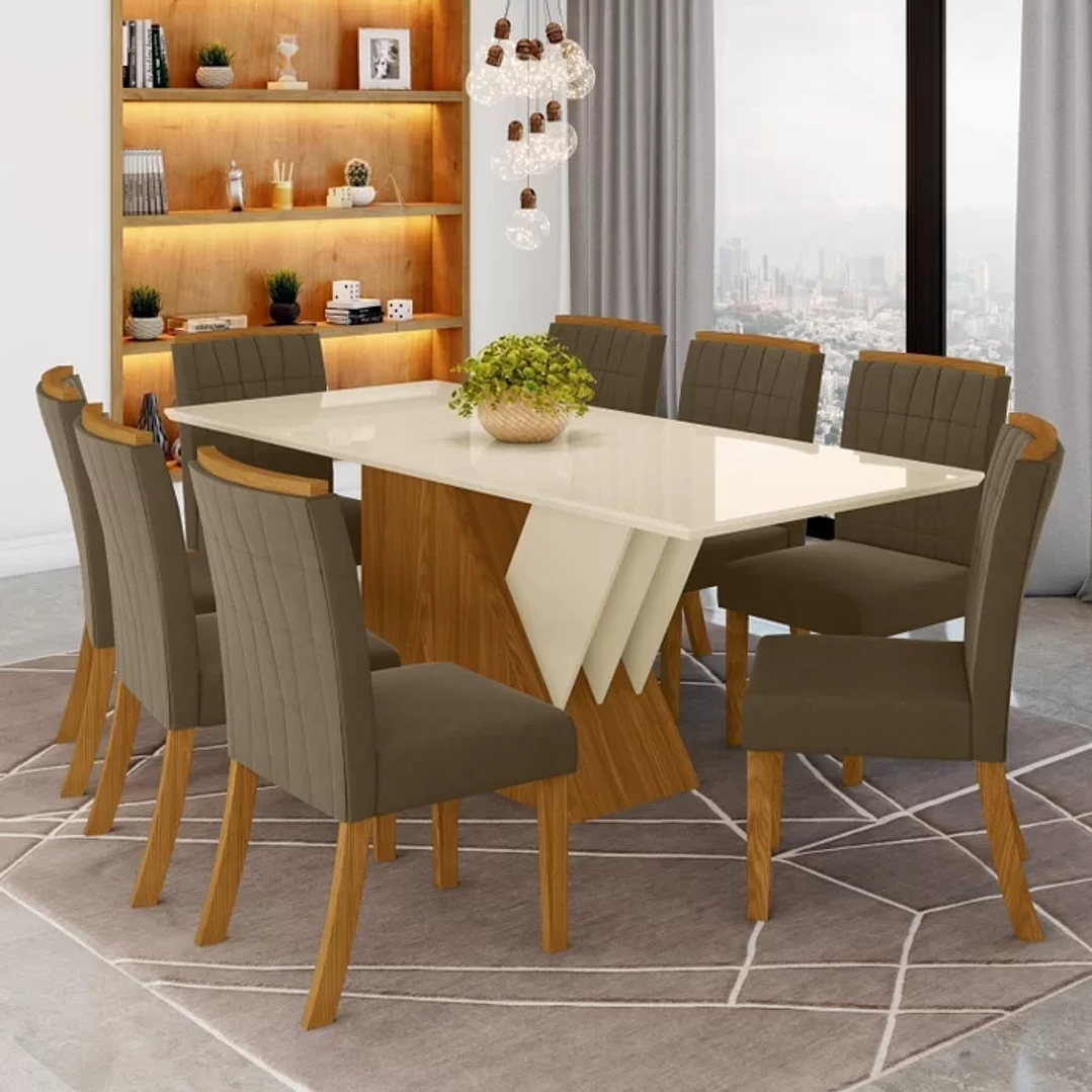 Conjunto Sala de Jantar Mesa Tampo MDF e Vidro 8 Cadeiras Itália Nature/Off White/Bege Claro 2