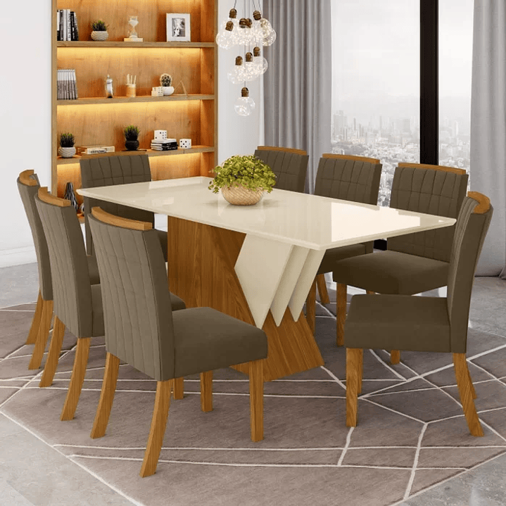 Conjunto Sala de Jantar Mesa Tampo MDF e Vidro 8 Cadeiras Itália Nature/Off White/Bege Claro 2