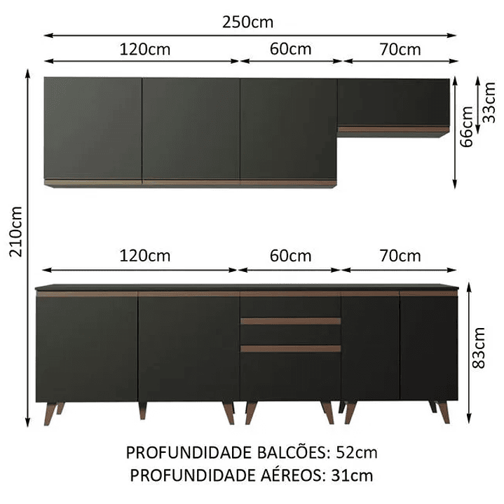 Armário de Cozinha Completa 250cm Preto  2