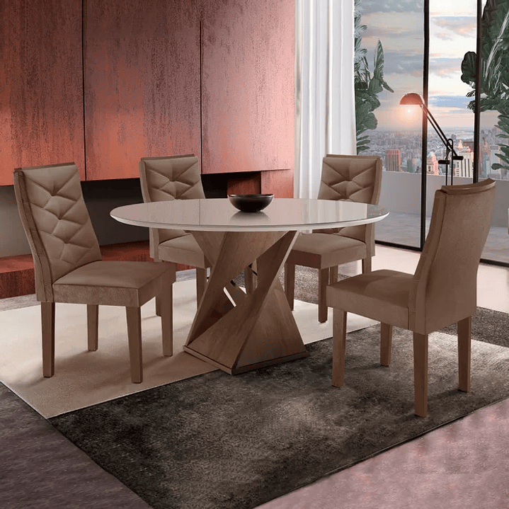 Conjunto Mesa Redonda com Vidro e 4 Cadeiras Tampo Barcelona Cinamomo/Off White/Suede  2