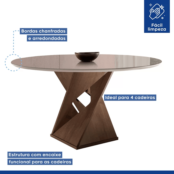 Conjunto Mesa Redonda com Vidro e 4 Cadeiras Tampo Barcelona Cinamomo/Off White/Suede  5