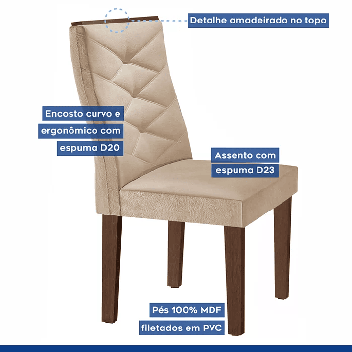 Conjunto Mesa Redonda com Vidro e 4 Cadeiras Tampo Barcelona Cinamomo/Off White/Suede  6