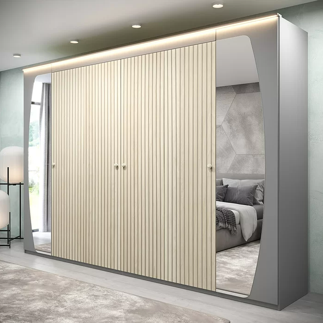 Guarda Roupa Casal com Efeito Ripado, Espelho e LED 6 Portas 6 Gavetas Inovação Cinza/Off White Ripado 1