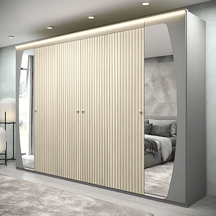 Guarda Roupa Casal com Efeito Ripado, Espelho e LED 6 Portas 6 Gavetas Inovação Cinza/Off White Ripado