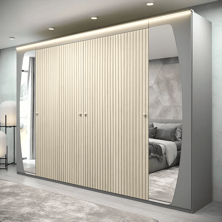 Guarda Roupa Casal com Efeito Ripado, Espelho e LED 6 Portas 6 Gavetas Inovação Cinza/Off White Ripado 1