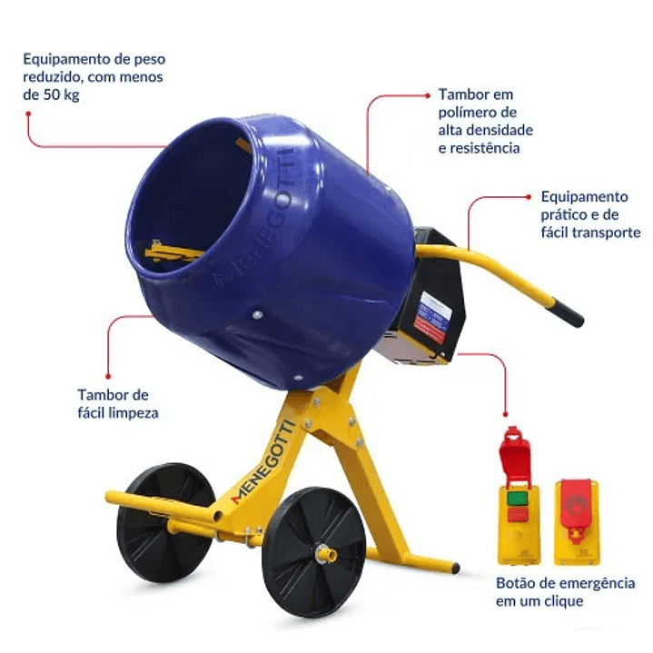 Betoneira compacta desmontável 130L 1/2 hp caçamba plástica 220V 4
