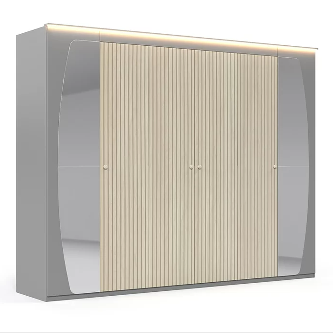 Guarda Roupa Casal com Efeito Ripado, Espelho e LED 6 Portas 6 Gavetas Inovação Cinza/Off White Ripado 2