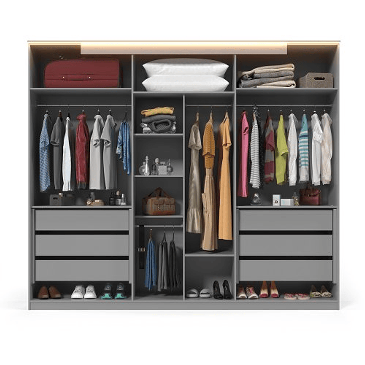 Guarda Roupa Casal com Efeito Ripado, Espelho e LED 6 Portas 6 Gavetas Inovação Cinza/Off White Ripado 3