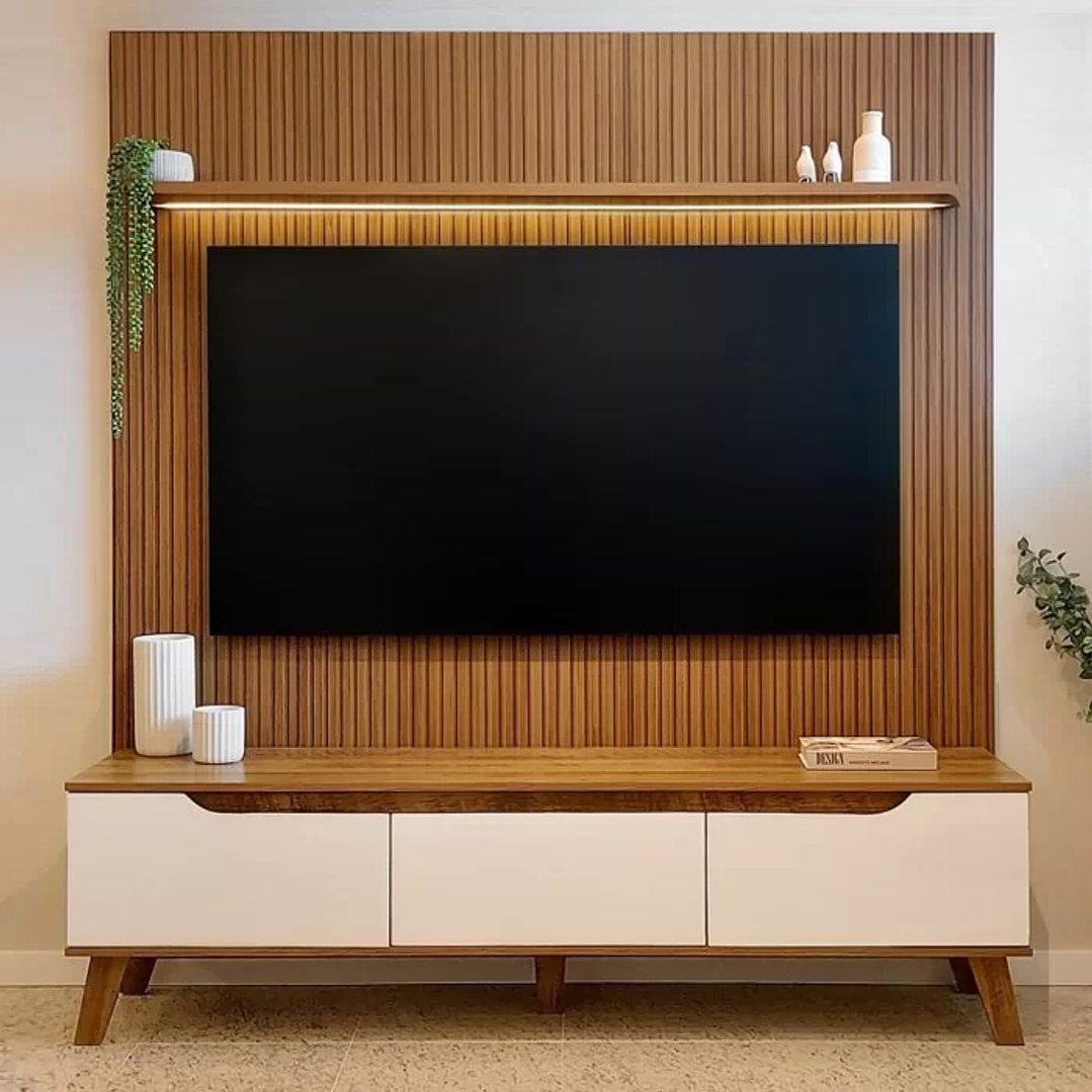 1/16 Rack com Painel para TV até 75 Polegadas com LED Impressão Ripada 3D Liverpool Pinho/Off White 1