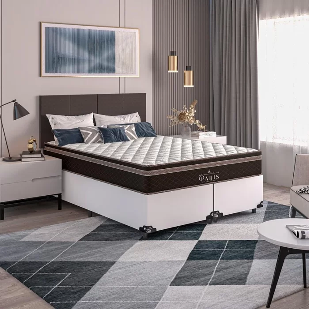 Cama Box Casal Bipartido + Colchão Paris Molas Ensacadas Pocket - 61x138x188cm - e-Shop Casa - Couro Branco 1