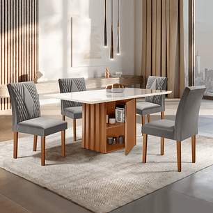 Conjunto Sala de Jantar Mesa Tampo Slim Plus Vidro 120x90cm com 4 Cadeiras Elis Cinamomo/Off White/Suede Cinza