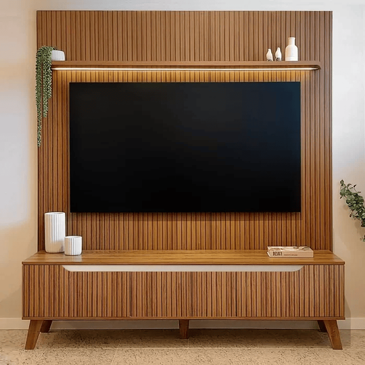 1/16 Rack com Painel para TV até 75 Polegadas com LED Impressão Ripada 3D Liverpool Pinho/Off White 2