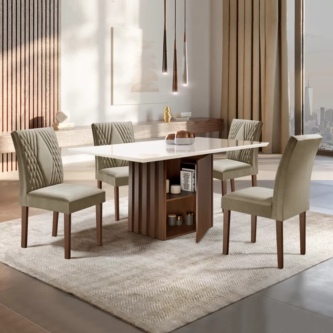 Conjunto Sala de Jantar Mesa Tampo Slim Plus Vidro 120x90cm com 4 Cadeiras Elis Cinamomo/Off White/Suede Cinza 2