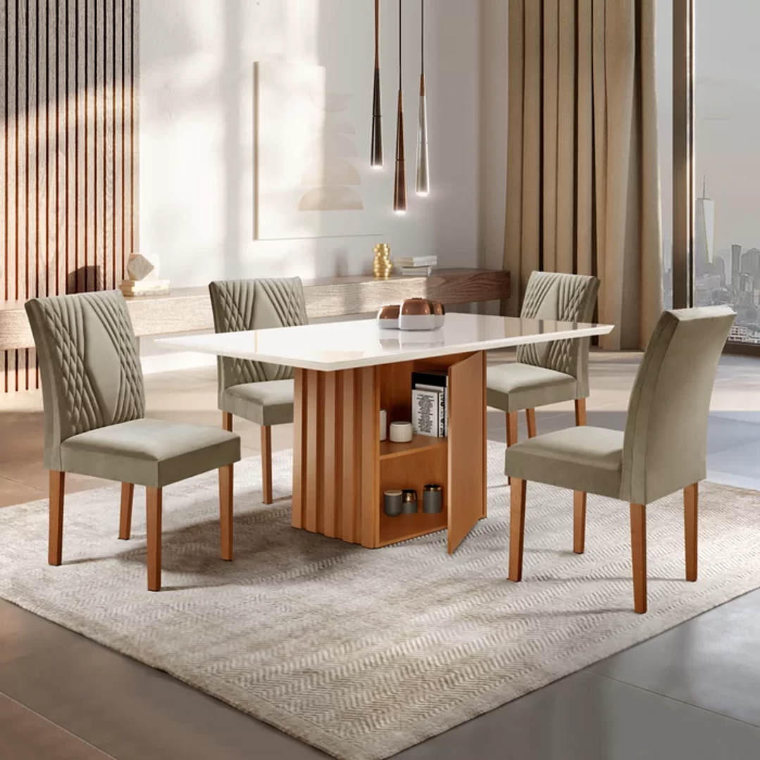 Conjunto Sala de Jantar Mesa Tampo Slim Plus Vidro 120x90cm com 4 Cadeiras Elis Cinamomo/Off White/Suede Cinza 3
