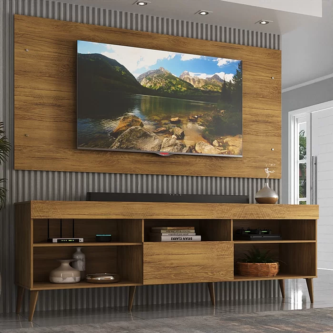 Rack com Painel para TV até 55 Polegadas 1 Porta 5 Nichos Retrô Preto 1