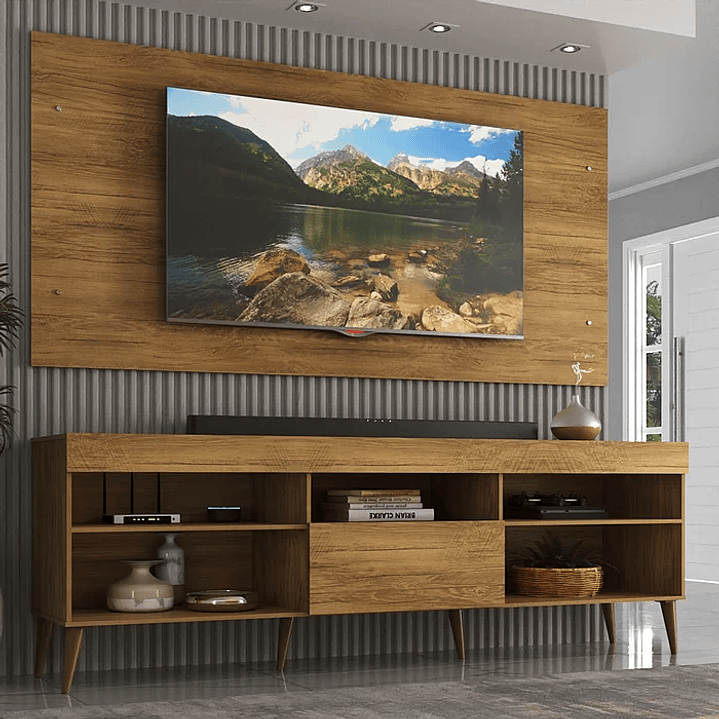 Rack com Painel para TV até 55 Polegadas 1 Porta 5 Nichos Retrô Preto 1