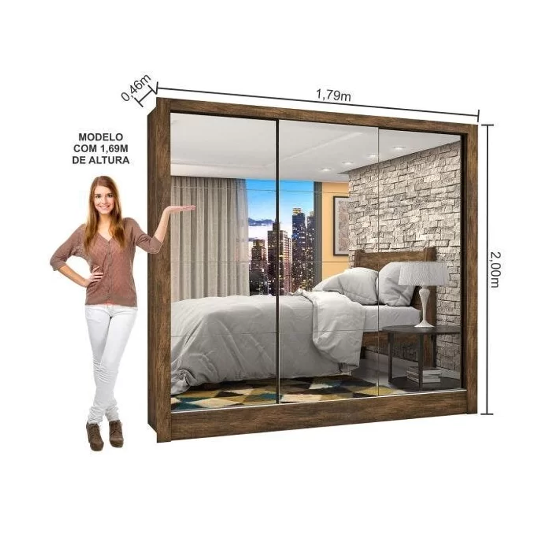 Guarda-Roupa Casal com Espelho 3 Portas de Correr Flórida  4
