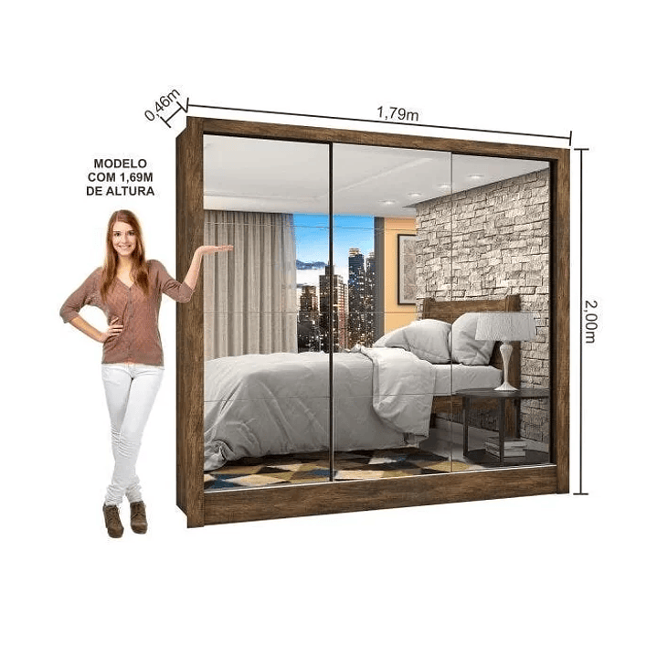 Guarda-Roupa Casal com Espelho 3 Portas de Correr Flórida  4
