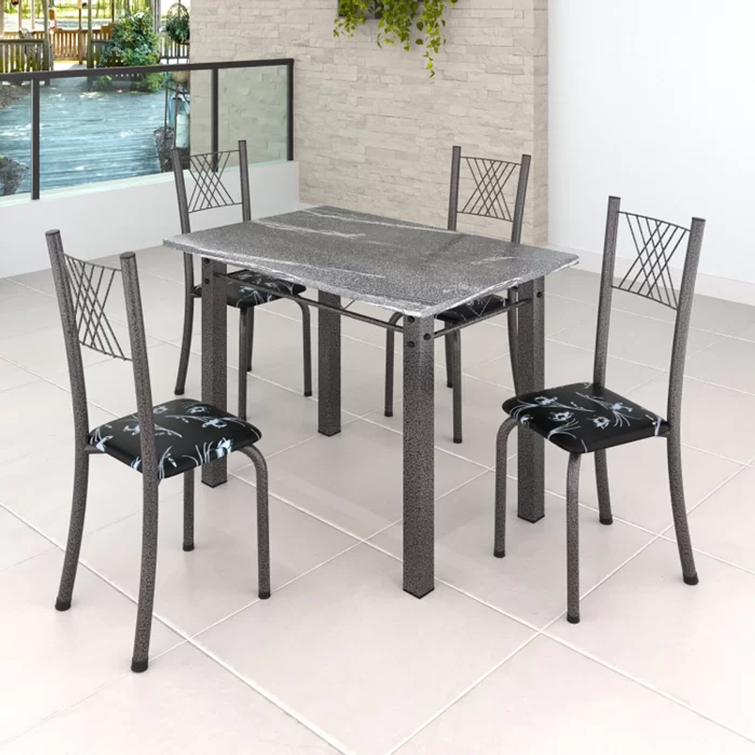 Conjunto Mesa com 4 Cadeiras Tampo de Granito Preto Floral/Martelado Prata 2