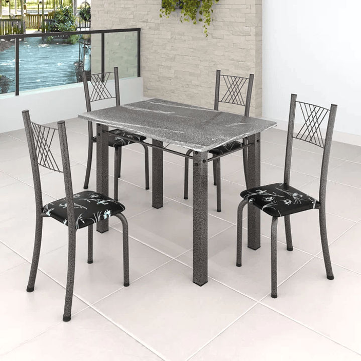 Conjunto Mesa com 4 Cadeiras Tampo de Granito Preto Floral/Martelado Prata 2