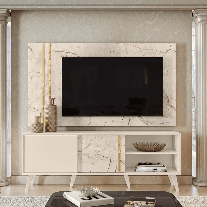 Rack com Painel para TV até 65 Polegadas 2 Portas Cronos Madetec Calacata/Offwhite 1