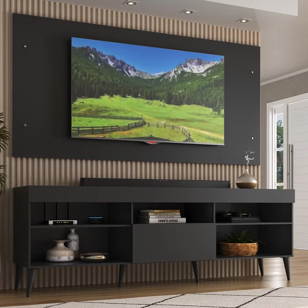 Rack com Painel para TV até 55 Polegadas 1 Porta 5 Nichos Retrô Preto 4