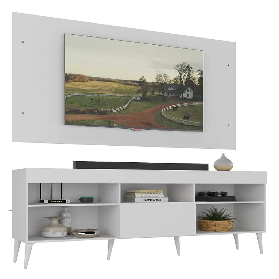 Rack com Painel para TV até 55 Polegadas 1 Porta 5 Nichos Retrô Preto 6