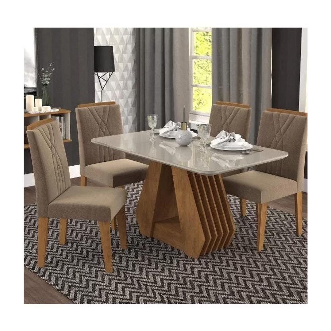 Conjunto Sala de Jantar Mesa Ágata 130cm e 4 Cadeiras Nicole Savana/Off White/Pluma 1