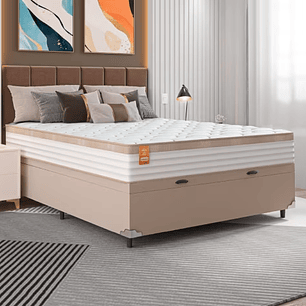 Cama Box Baú Casal Colchão Molas Ensacadas Real 138x188x68cm Branco / Bege - Suporta até 130Kg Por Pessoa