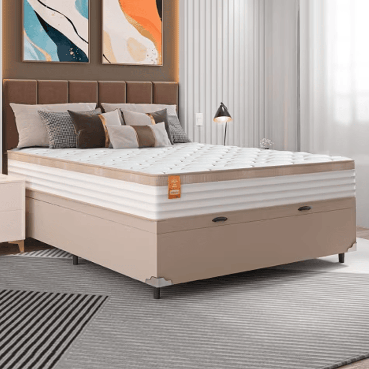 Cama Box Baú Casal Colchão Molas Ensacadas Real 138x188x68cm Branco / Bege - Suporta até 130Kg Por Pessoa 1