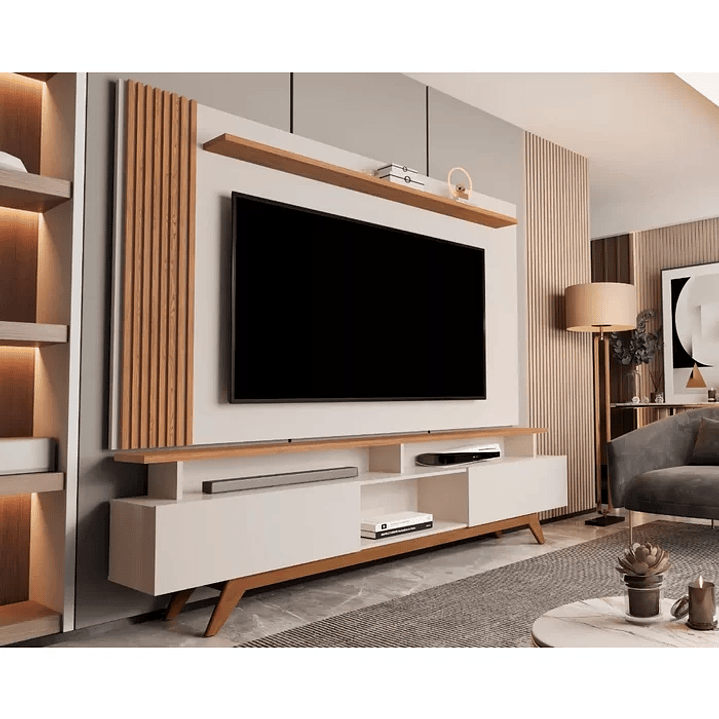 Rack e painel grecia ripado 1.8 sala de estar p/tv 72 polegadas Off White/Nature 1