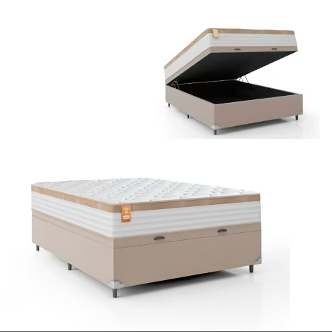 Cama Box Baú Casal Colchão Molas Ensacadas Real 138x188x68cm Branco / Bege - Suporta até 130Kg Por Pessoa 2