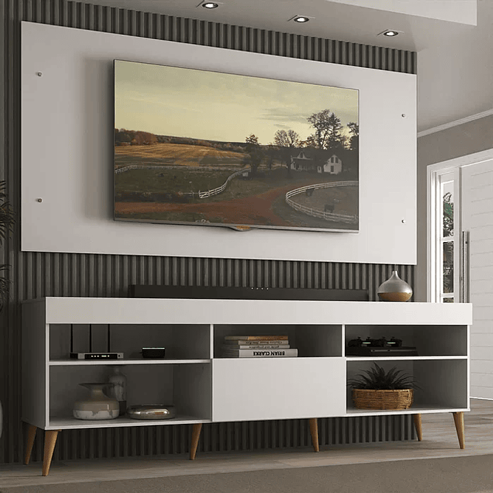 Rack com Painel para TV até 55 Polegadas 1 Porta 5 Nichos Retrô Preto 11