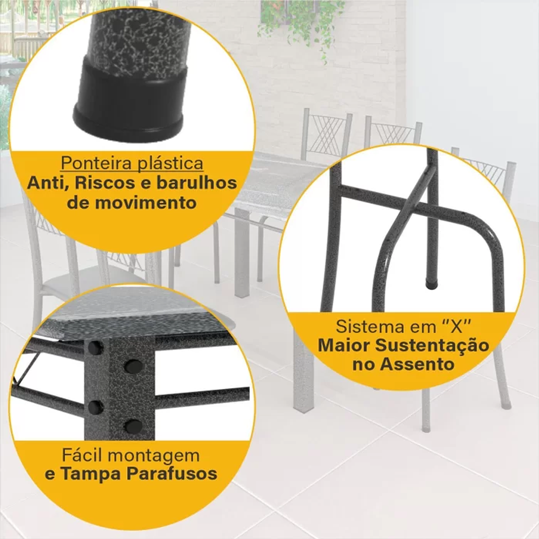 Conjunto Mesa com 4 Cadeiras Tampo de Granito Preto Floral/Martelado Prata 10