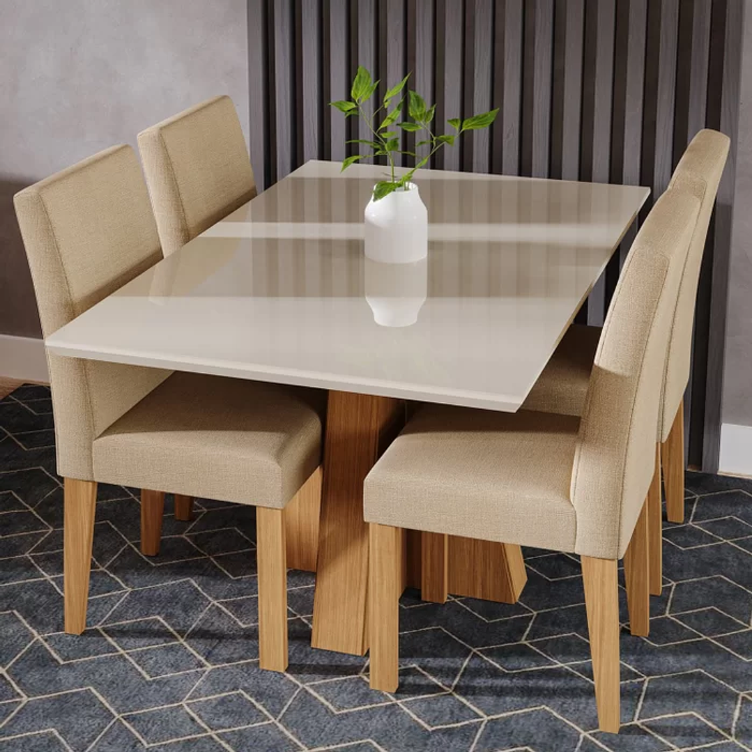 Conjunto Mesa com Vidro e 4 Cadeiras Sala de Jantar Mesa Patricia Nature/Off White/Gengibre 1