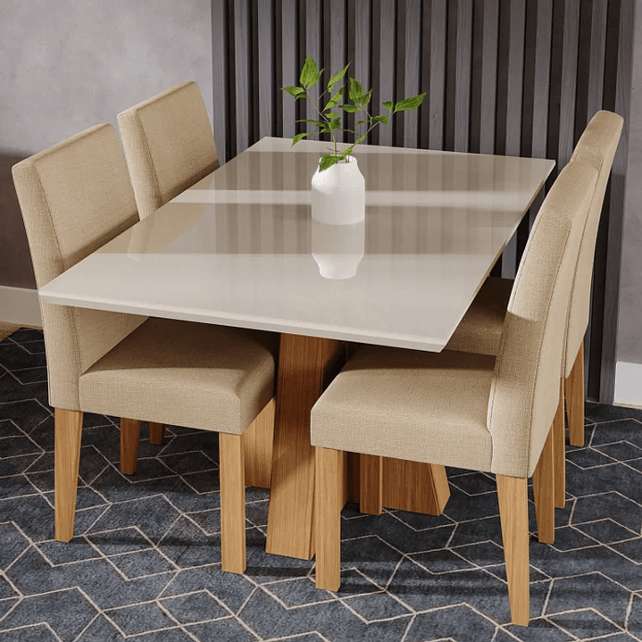 Conjunto Mesa com Vidro e 4 Cadeiras Sala de Jantar Mesa Patricia Nature/Off White/Gengibre 1