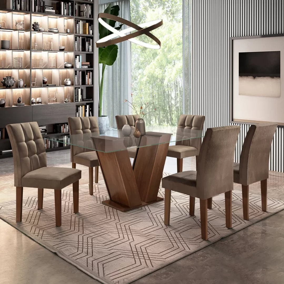 Conjunto Sala de Jantar Mesa Classic Tampo de Vidro 6 Cadeiras Vitória Chocolate/Animale Marrom 1