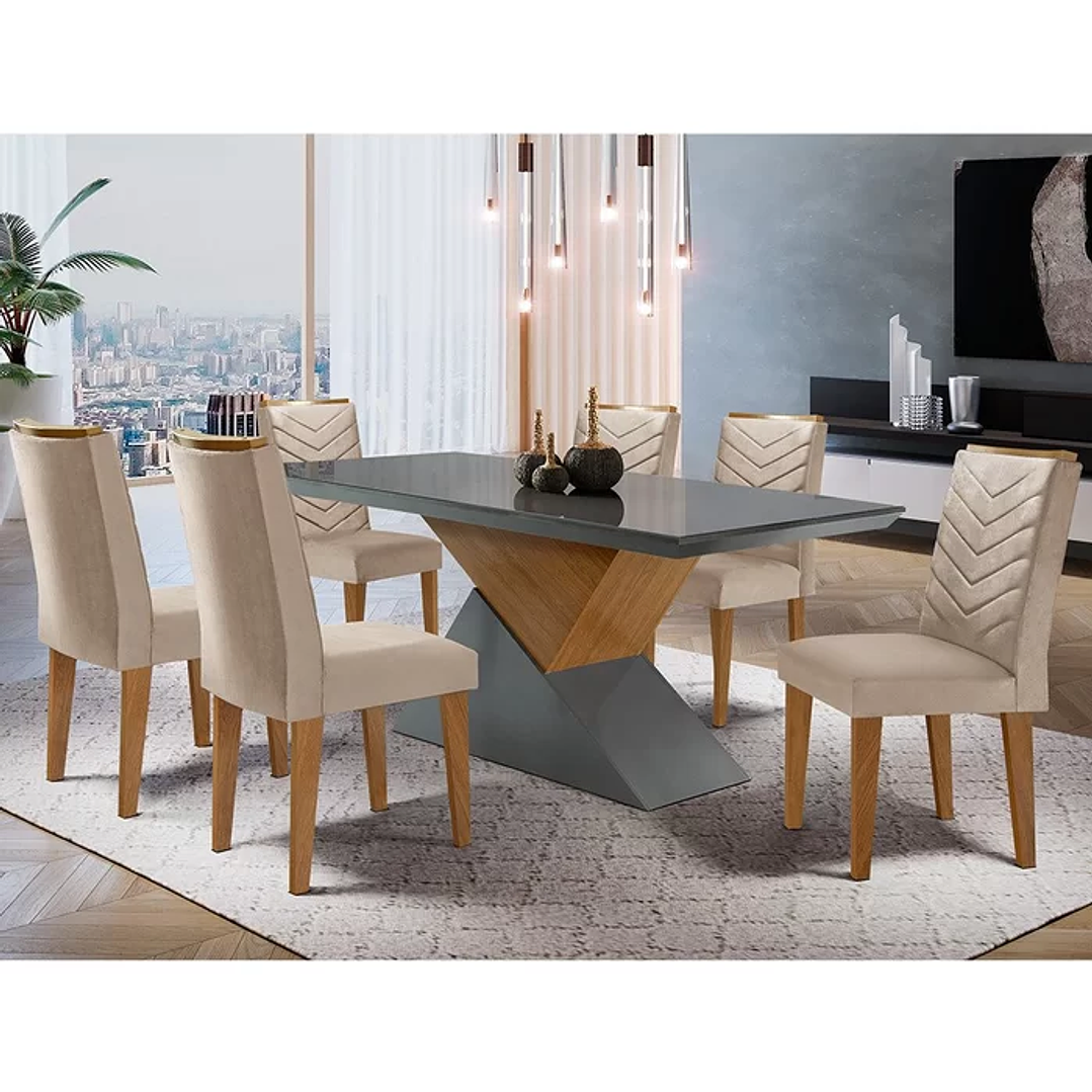 Mesa Aster 180 Tampo em MDF e Vidro com 6 Cadeiras Liz Moderna Creme/Off White/Imbuia 1