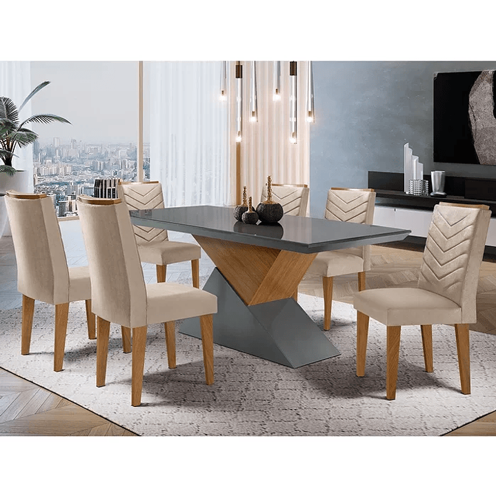 Mesa Aster 180 Tampo em MDF e Vidro com 6 Cadeiras Liz Moderna Creme/Off White/Imbuia 1