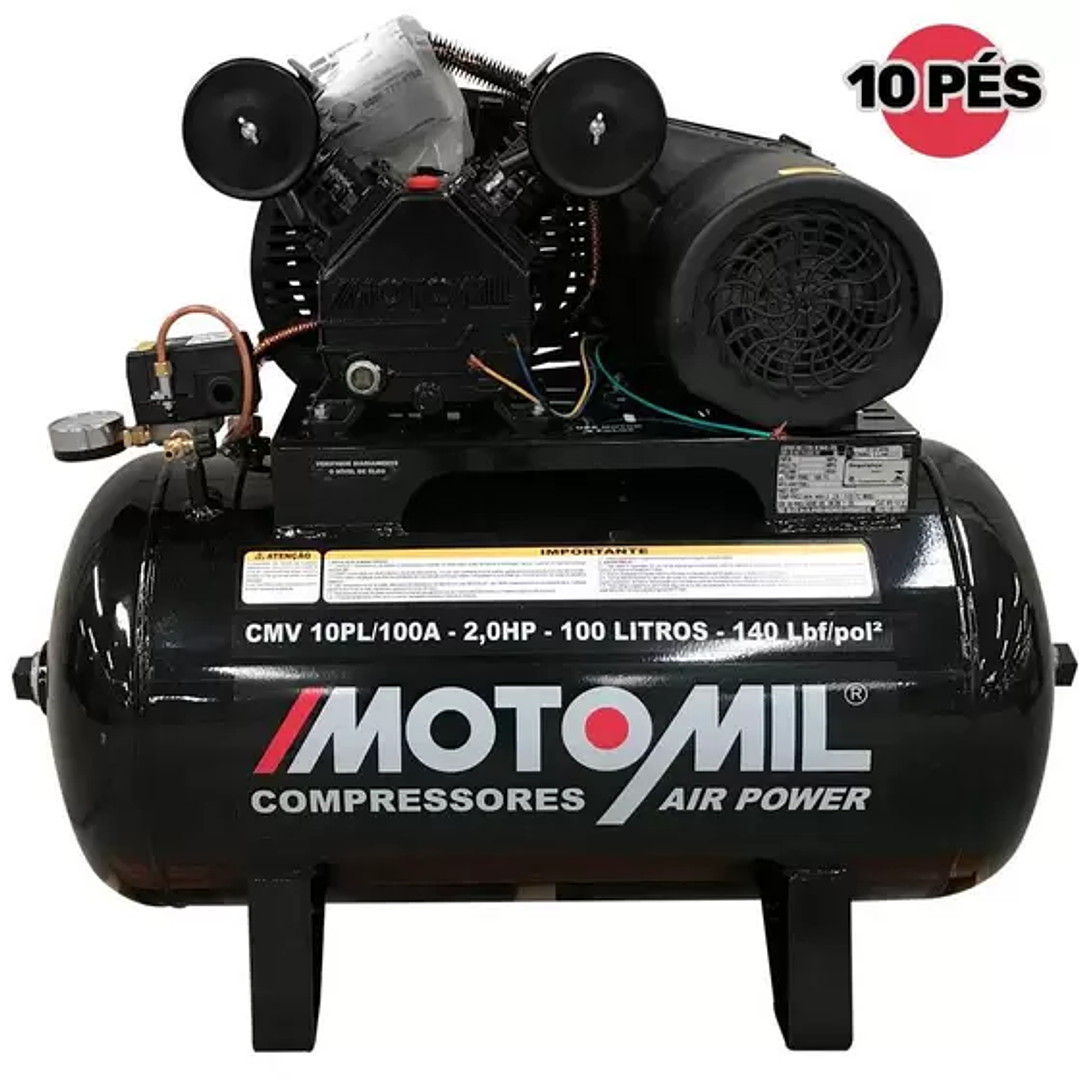 Compressor de Ar 10 Pés 2,0 HP 100 Litros 2 Pistões CMV-10PL100A  1