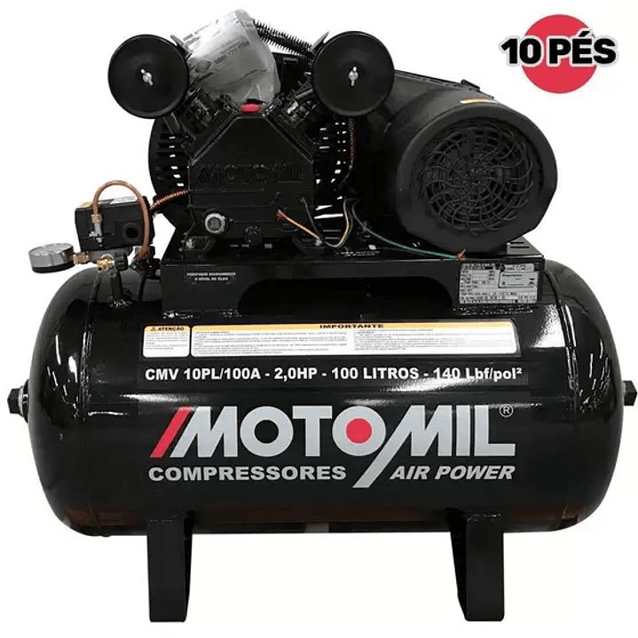 Compressor de Ar 10 Pés 2,0 HP 100 Litros 2 Pistões CMV-10PL100A  1
