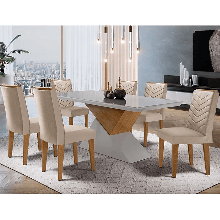 Mesa Aster 180 Tampo em MDF e Vidro com 6 Cadeiras Liz Moderna Creme/Off White/Imbuia 2