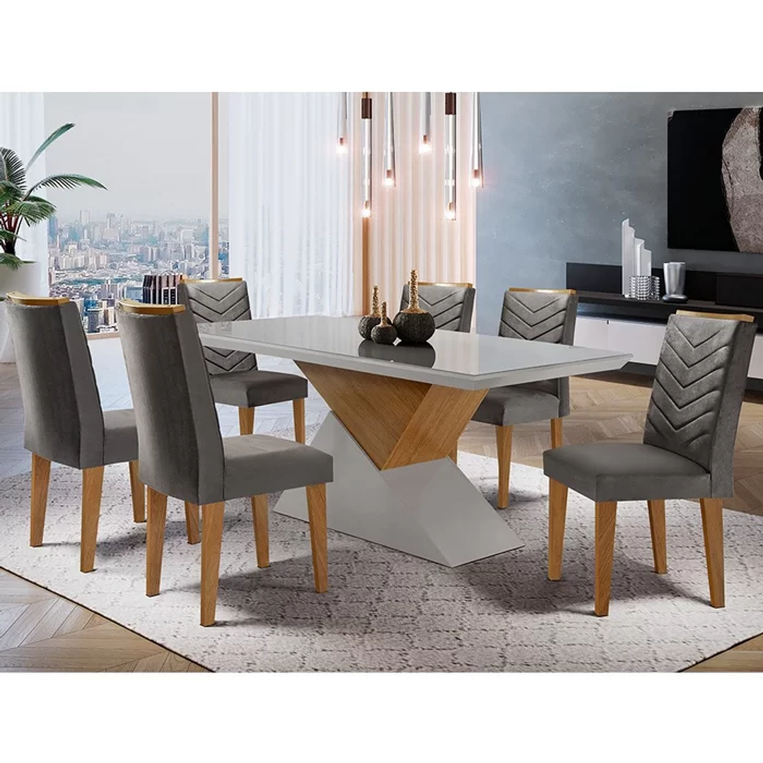 Mesa Aster 180 Tampo em MDF e Vidro com 6 Cadeiras Liz Moderna Creme/Off White/Imbuia 3
